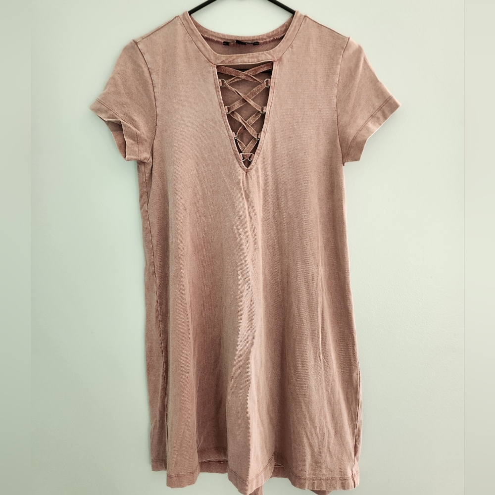 American Eagle Dusty Rose Lace-Up V-Neck T-Shirt Dress, Size S Y2K Grunge Boho